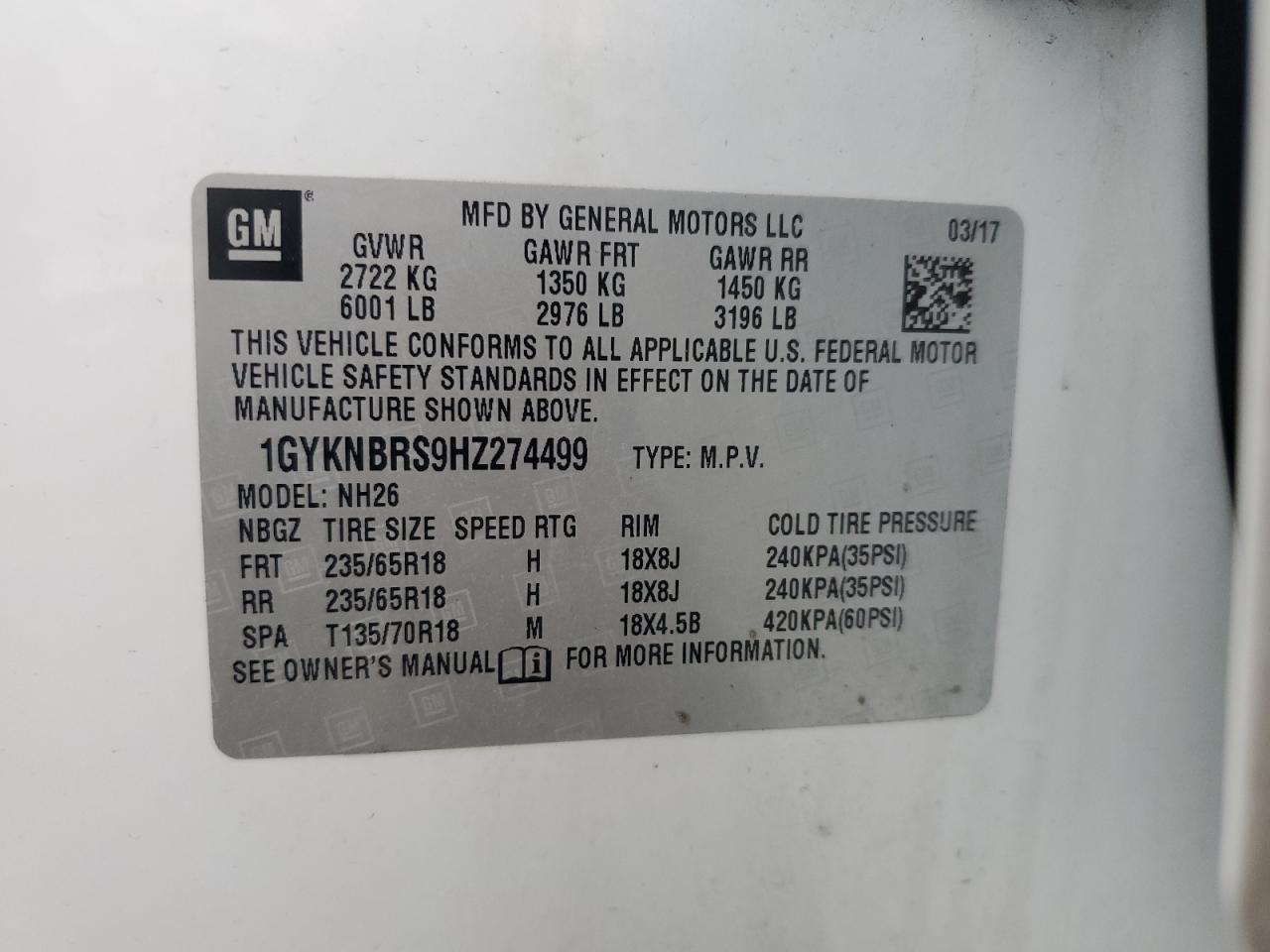 2017 Cadillac Xt5 Luxury VIN: 1GYKNBRS9HZ274499 Lot: 87126655