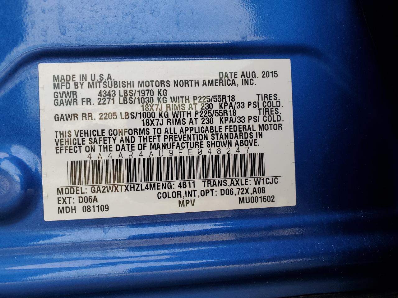 2015 Mitsubishi Outlander Sport Se VIN: 4A4AR4AU9FE048247 Lot: 82328485