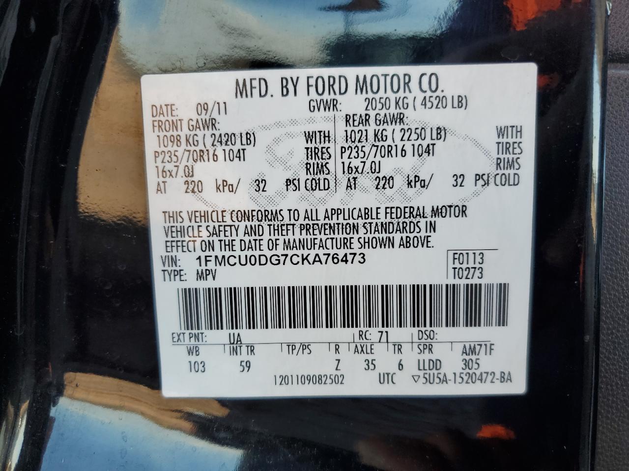 2012 Ford Escape Xlt VIN: 1FMCU0DG7CKA76473 Lot: 86848545
