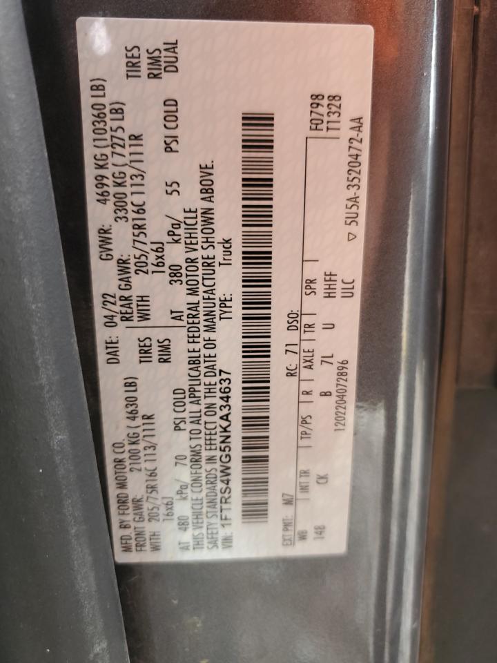 2022 Ford Transit T-350 Hd VIN: 1FTRS4WG5NKA34637 Lot: 85812505