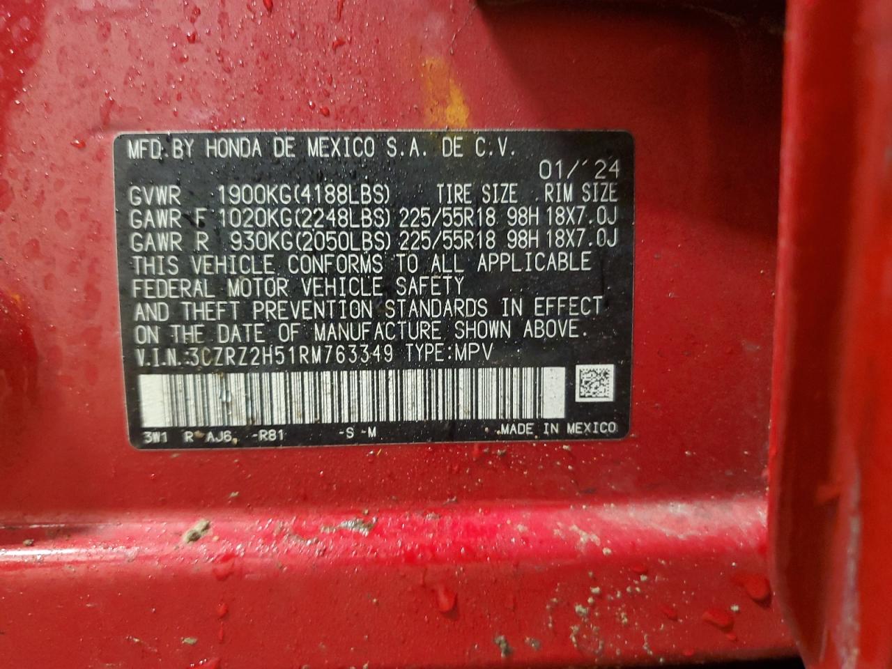 2024 Honda Hr-V Sport VIN: 3CZRZ2H51RM763349 Lot: 85349485