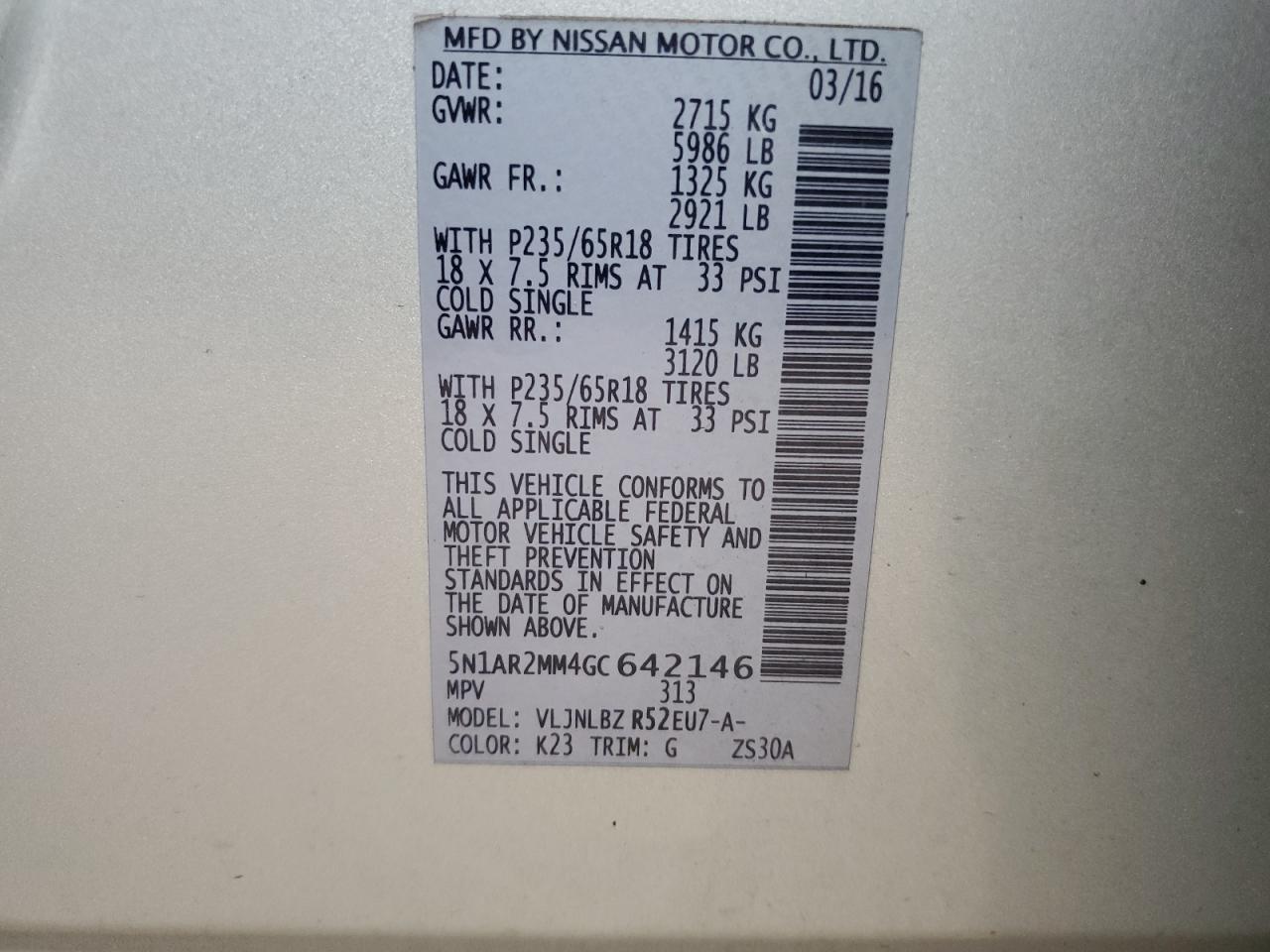 2016 Nissan Pathfinder S VIN: 5N1AR2MM4GC642146 Lot: 86124605