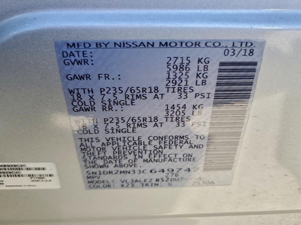 2018 Nissan Pathfinder S VIN: 5N1DR2MN3JC649747 Lot: 90846475