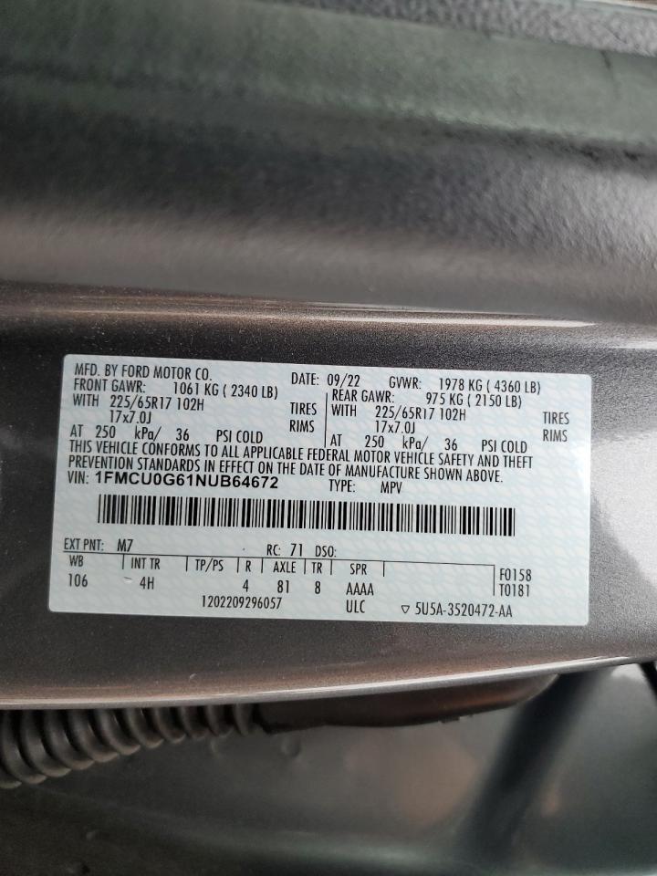 2022 Ford Escape Se VIN: 1FMCU0G61NUB64672 Lot: 84073105