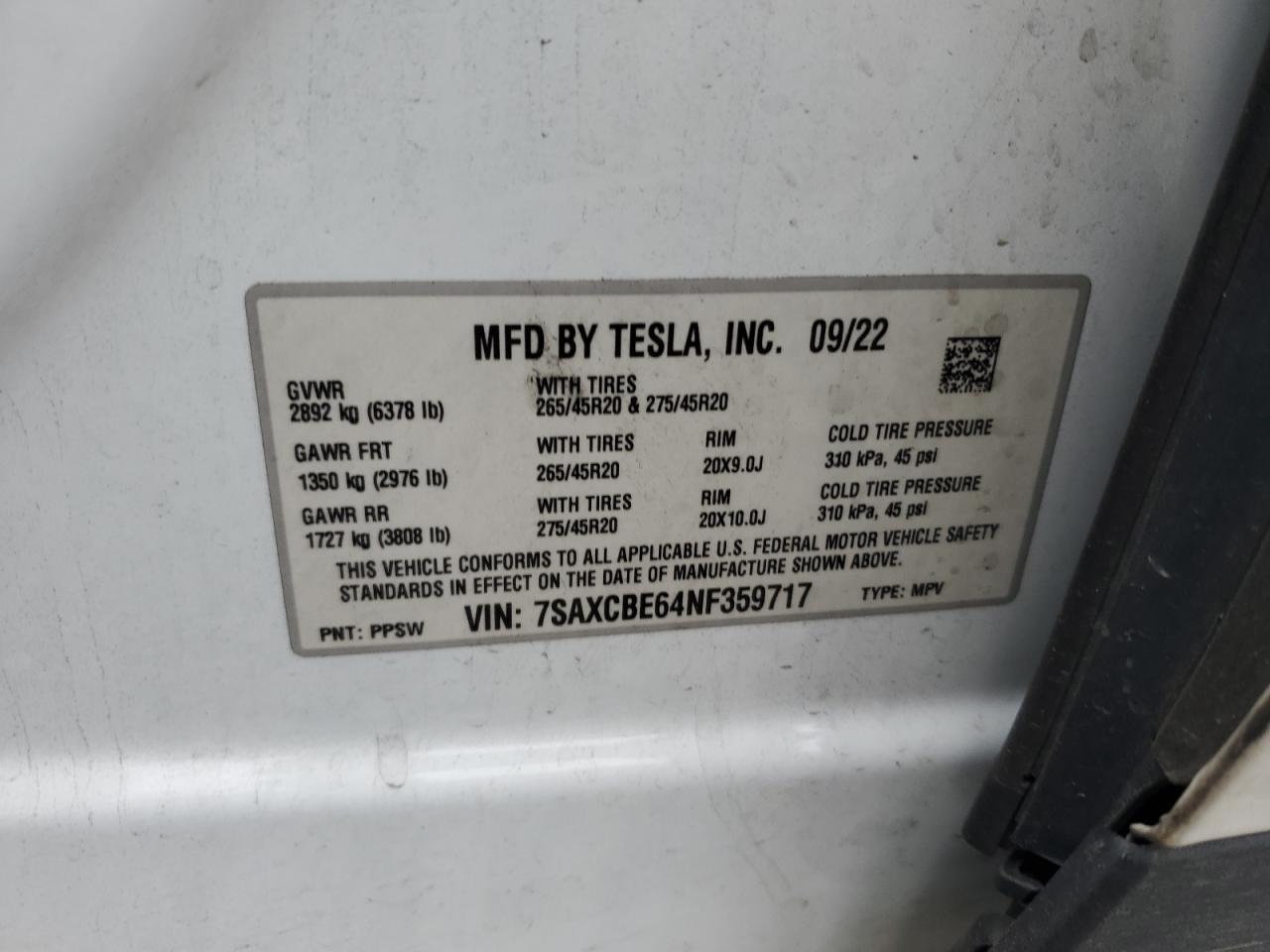 2022 Tesla Model X VIN: 7SAXCBE64NF359717 Lot: 89853665