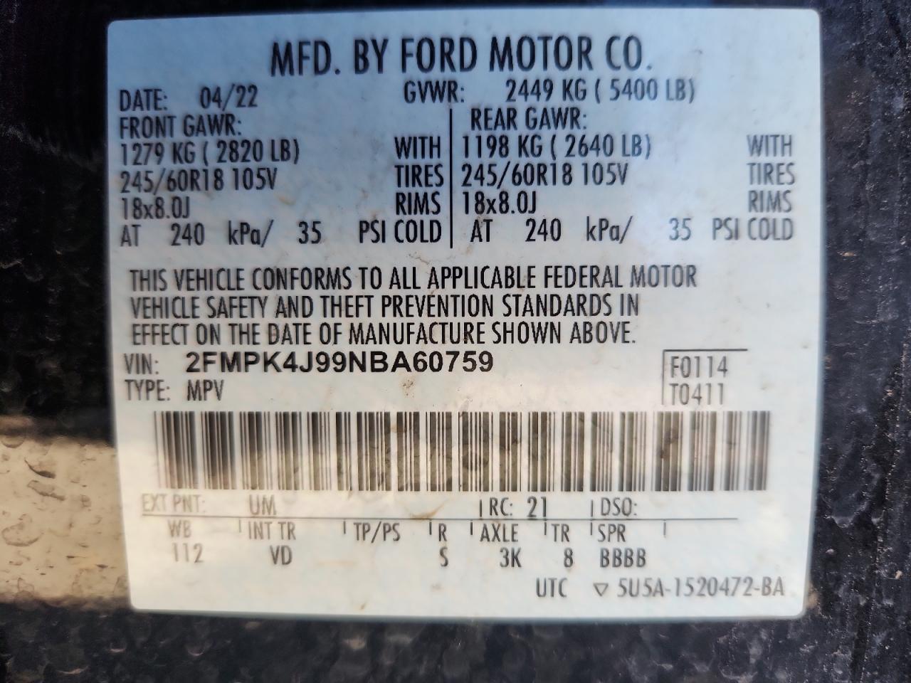 2022 Ford Edge Sel VIN: 2FMPK4J99NBA60759 Lot: 82647545