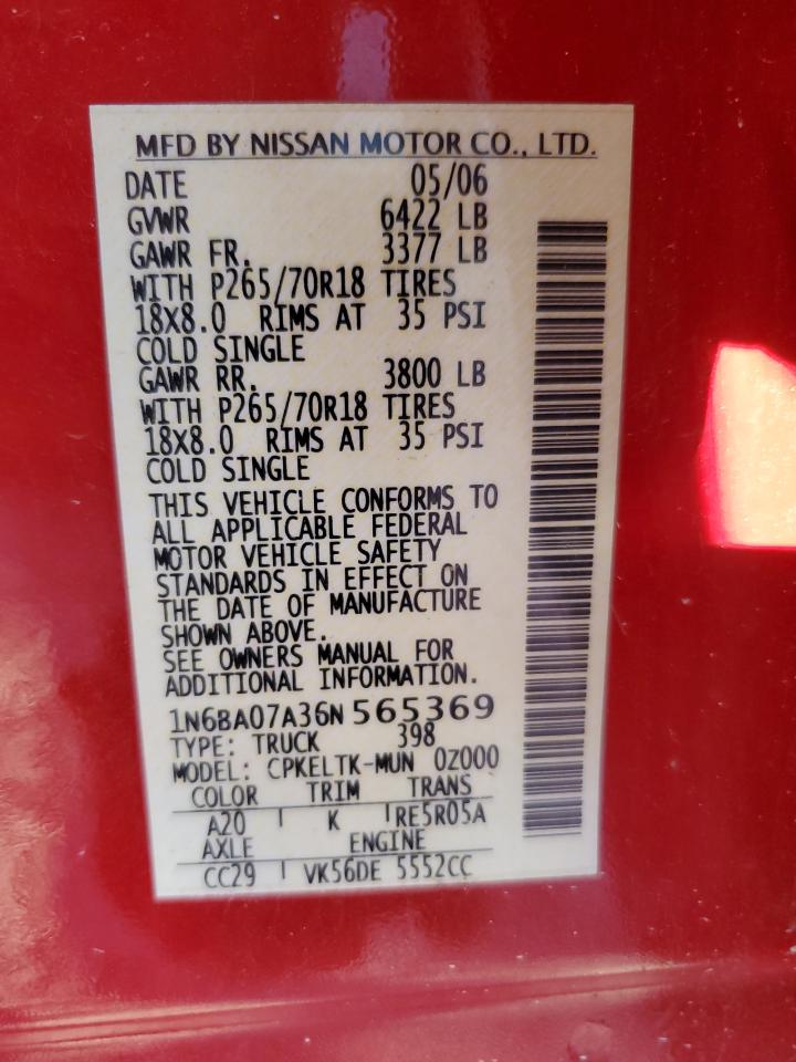2006 Nissan Titan Xe VIN: 1N6BA07A36N565369 Lot: 85006165