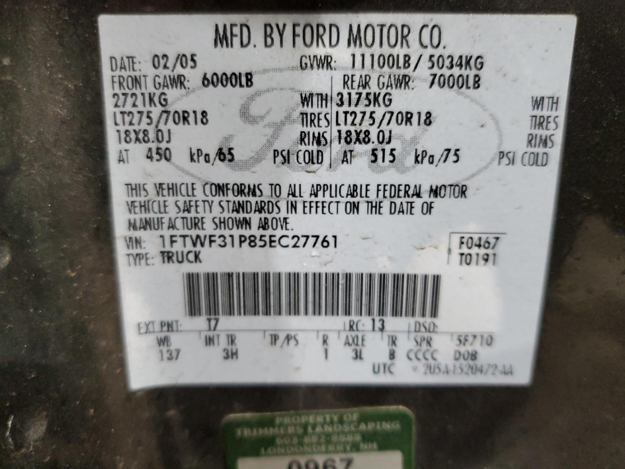 2005 Ford F350 Sd Xlt VIN: 1FTWF31P85EC27761 Lot: 90623805