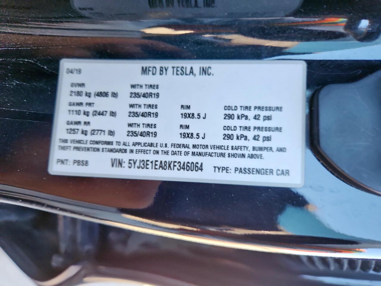 2019 Tesla Model 3 VIN: 5YJ3E1EA8KF346064 Lot: 89842855