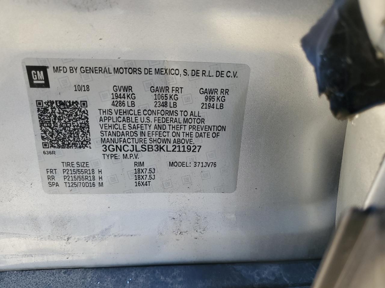 2019 Chevrolet Trax 1Lt VIN: 3GNCJLSB3KL211927 Lot: 84070885