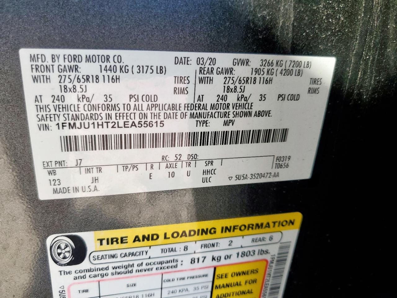 2020 Ford Expedition Xlt VIN: 1FMJU1HT2LEA55615 Lot: 82466625