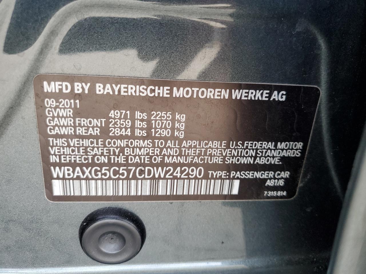 2012 BMW 528 I VIN: WBAXG5C57CDW24290 Lot: 81973995