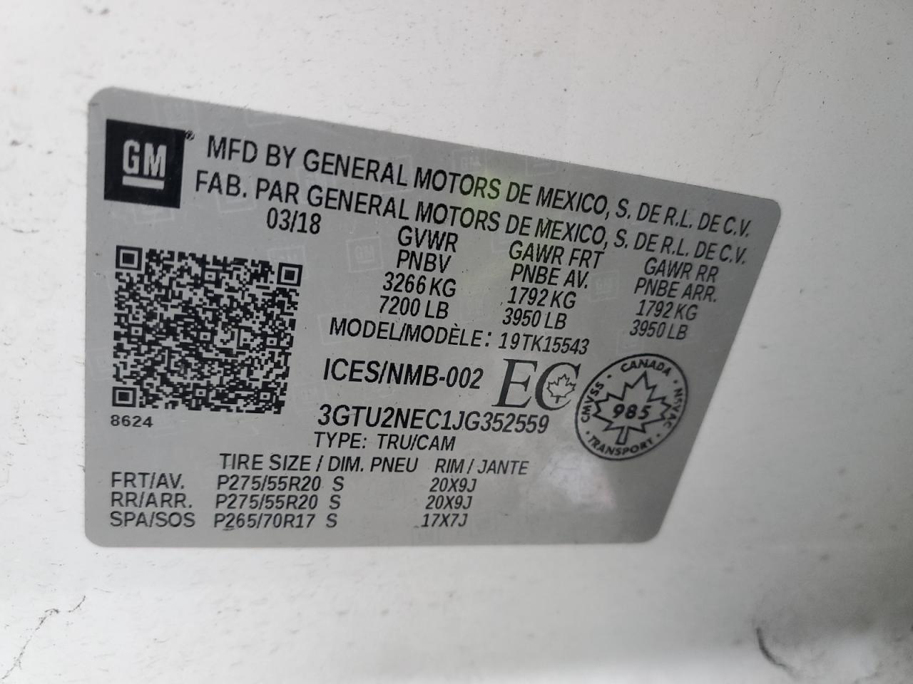 2018 GMC Sierra K1500 Slt VIN: 3GTU2NEC1JG352559 Lot: 87123345