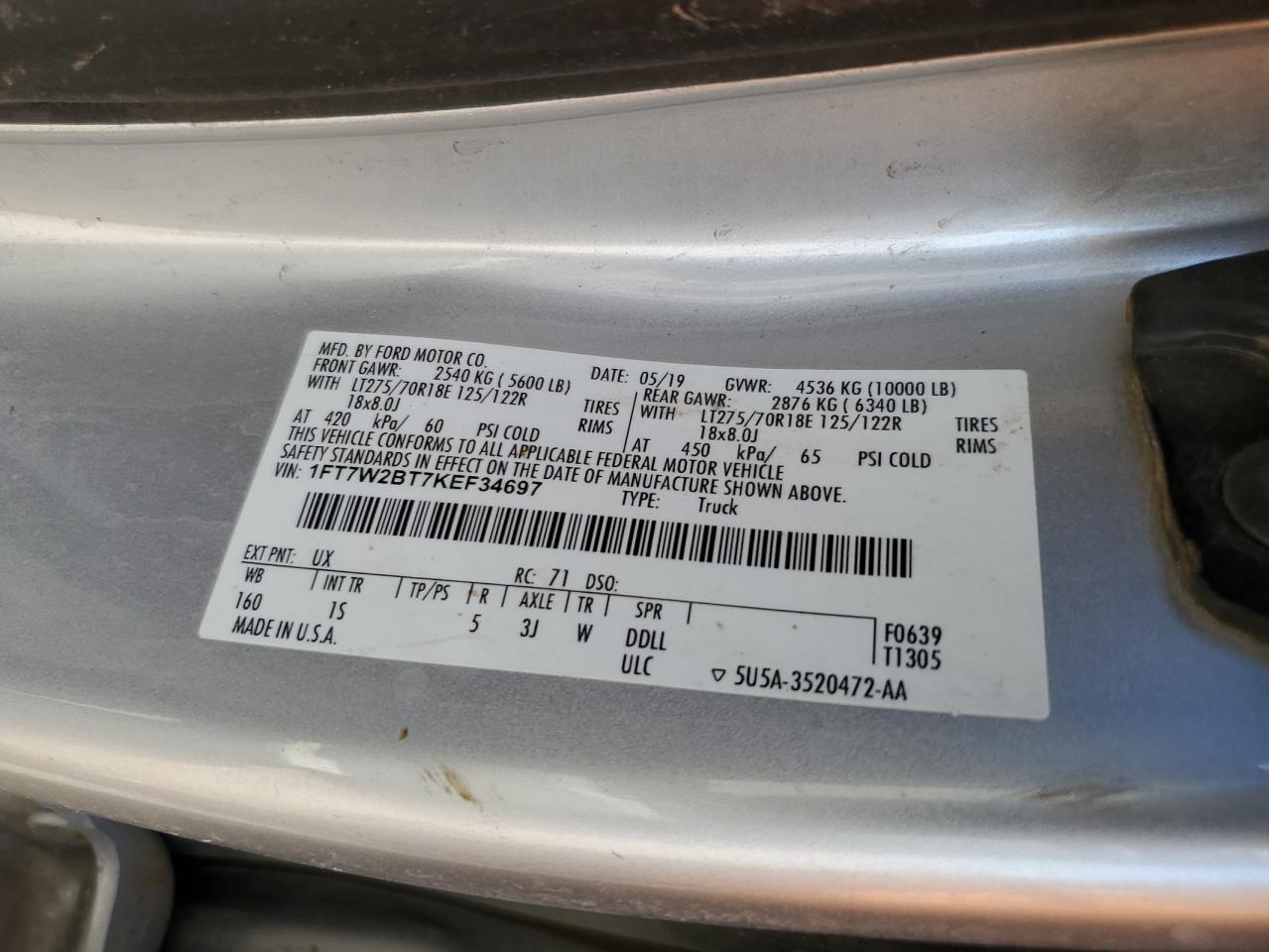 2019 Ford F250 Super Duty VIN: 1FT7W2BT7KEF34697 Lot: 84976255