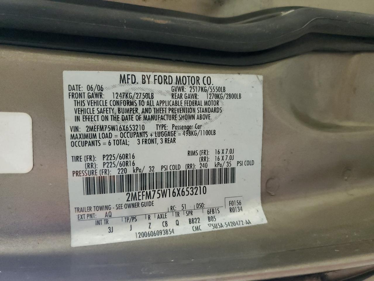 2006 Mercury Grand Marquis Ls VIN: 2MEFM75W16X653210 Lot: 86171295