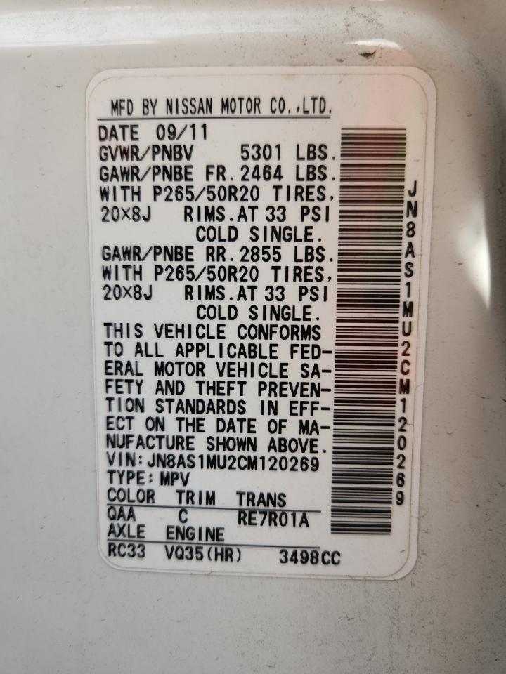 2012 Infiniti Fx35 VIN: JN8AS1MU2CM120269 Lot: 87410165