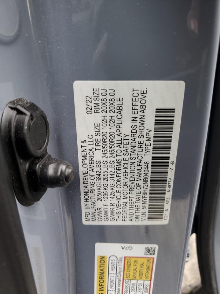 2022 Honda Pilot Black VIN: 5FNYF6H72NB040448 Lot: 89858765