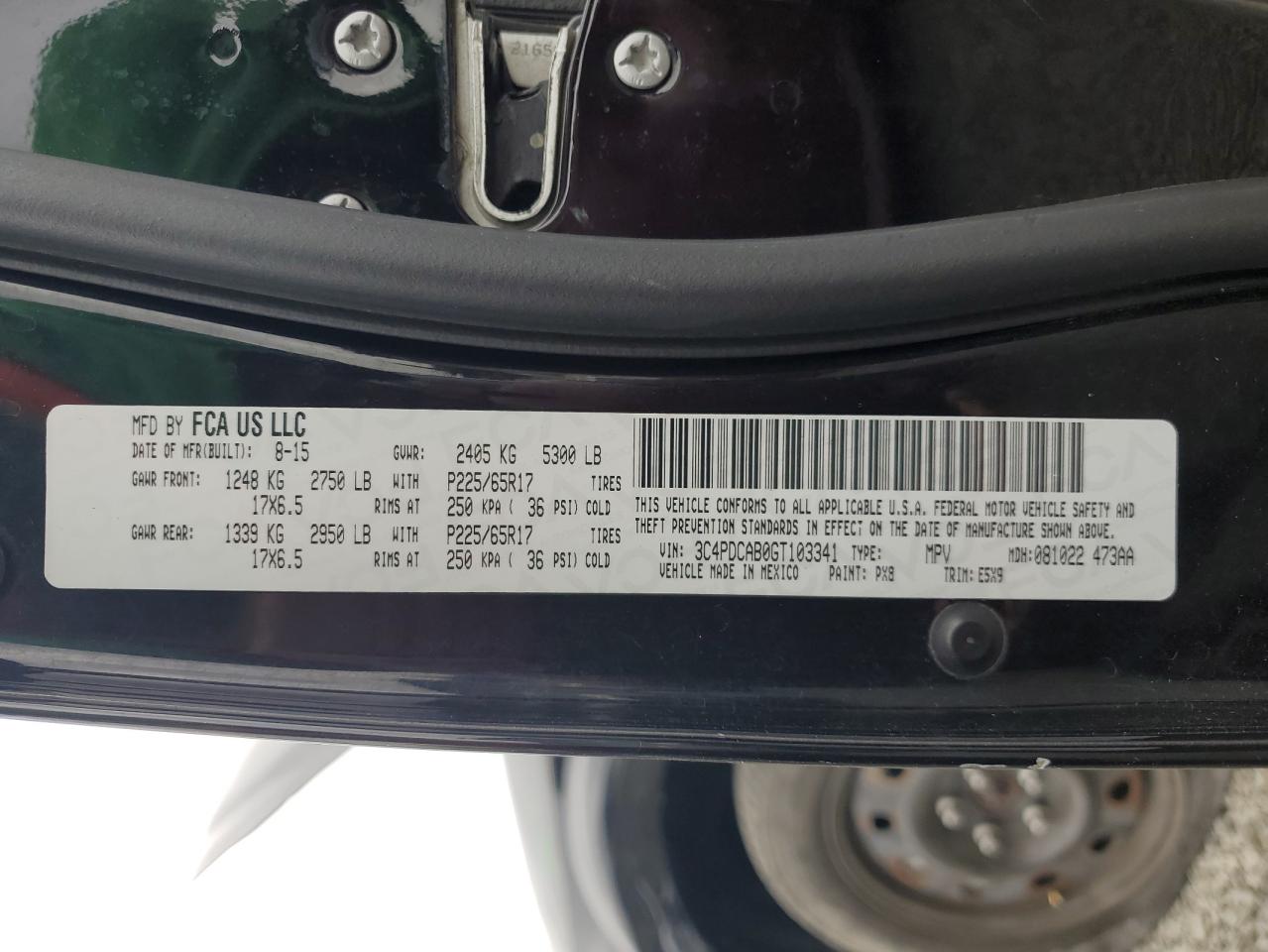 2016 Dodge Journey Se VIN: 3C4PDCAB0GT103341 Lot: 82280595