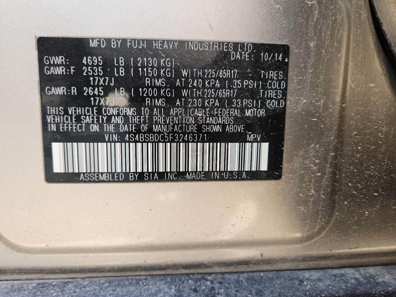 2015 Subaru Outback 2.5I Premium VIN: 4S4BSBDC5F3246371 Lot: 89631675