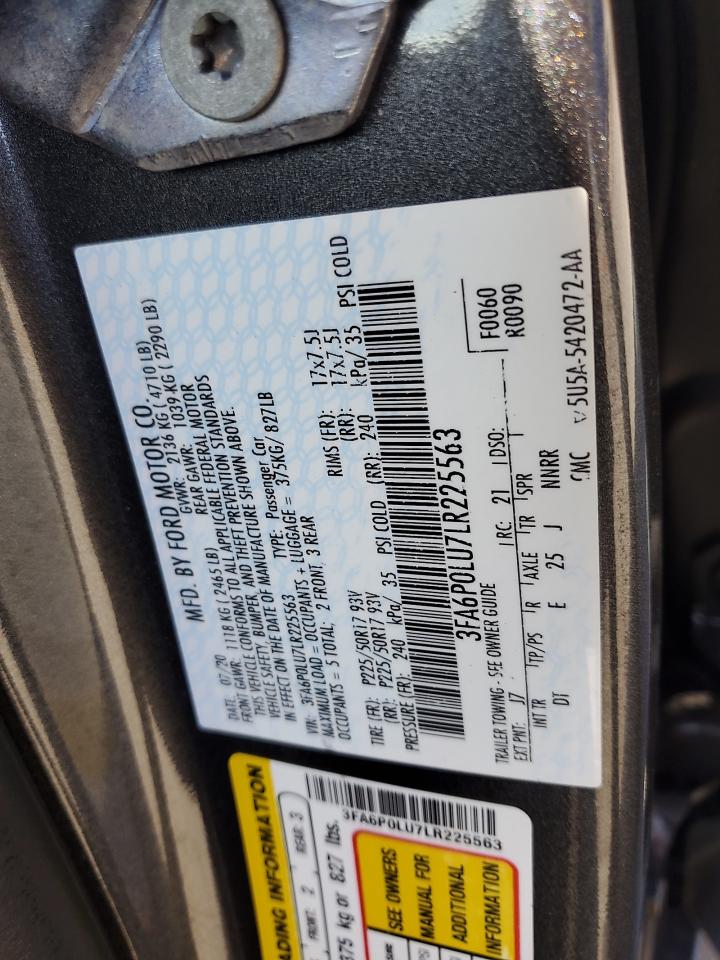 2020 Ford Fusion Se VIN: 3FA6P0LU7LR225563 Lot: 85115615