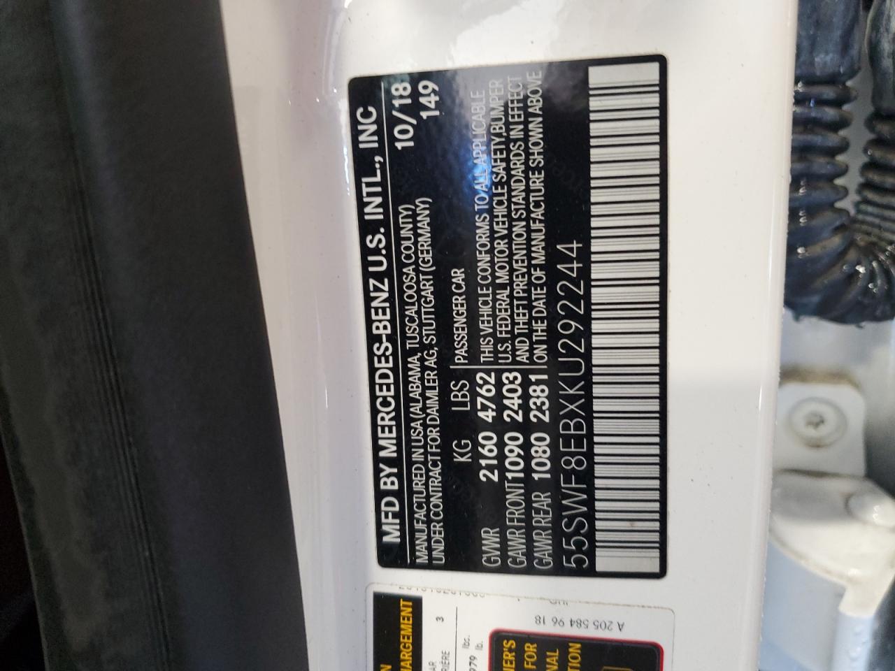 2019 Mercedes-Benz C 300 4Matic VIN: 55SWF8EBXKU292244 Lot: 85526575