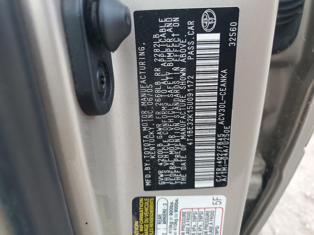 2005 Toyota Camry Le VIN: 4T1BE32K15U091172 Lot: 86697965