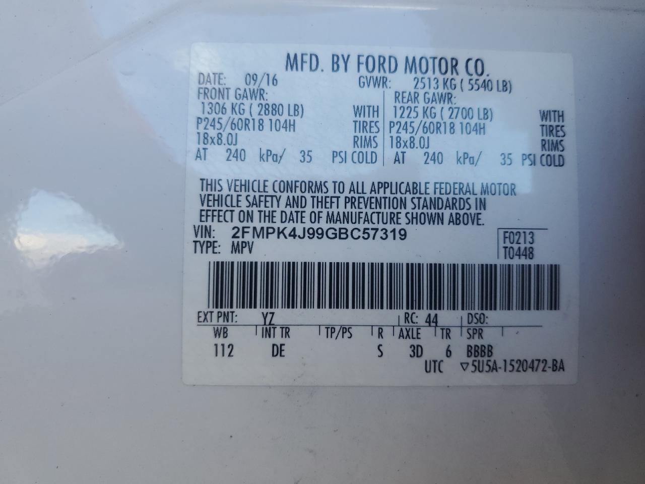 2016 Ford Edge Sel VIN: 2FMPK4J99GBC57319 Lot: 85167085