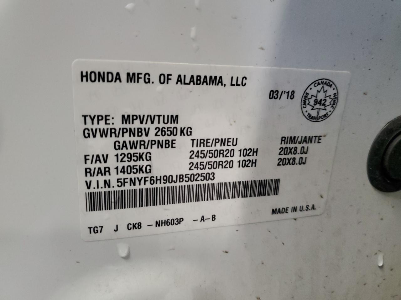 2018 Honda Pilot Touring VIN: 5FNYF6H90JB502503 Lot: 84008655