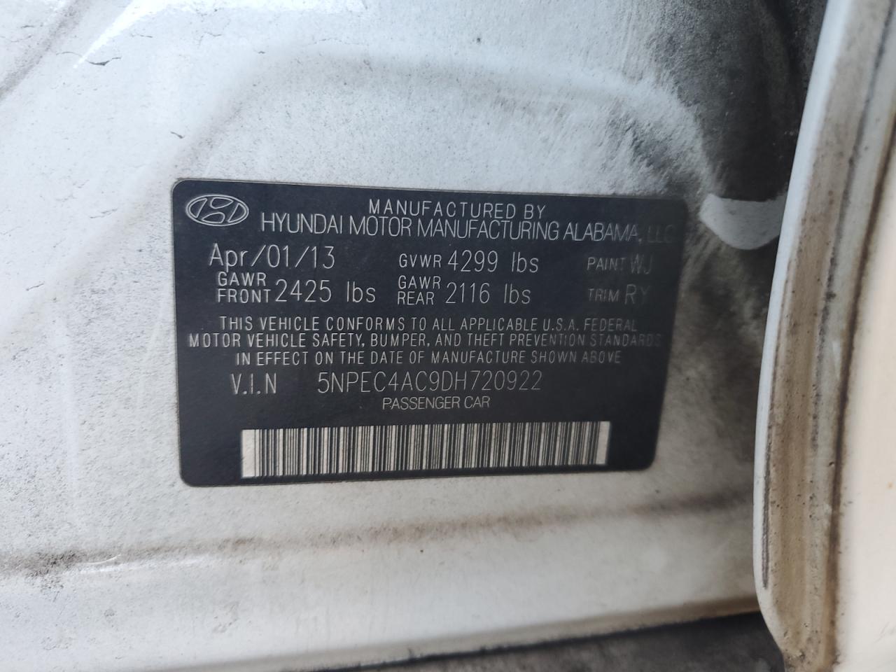 2013 Hyundai Sonata Se VIN: 5NPEC4AC9DH720922 Lot: 82474235