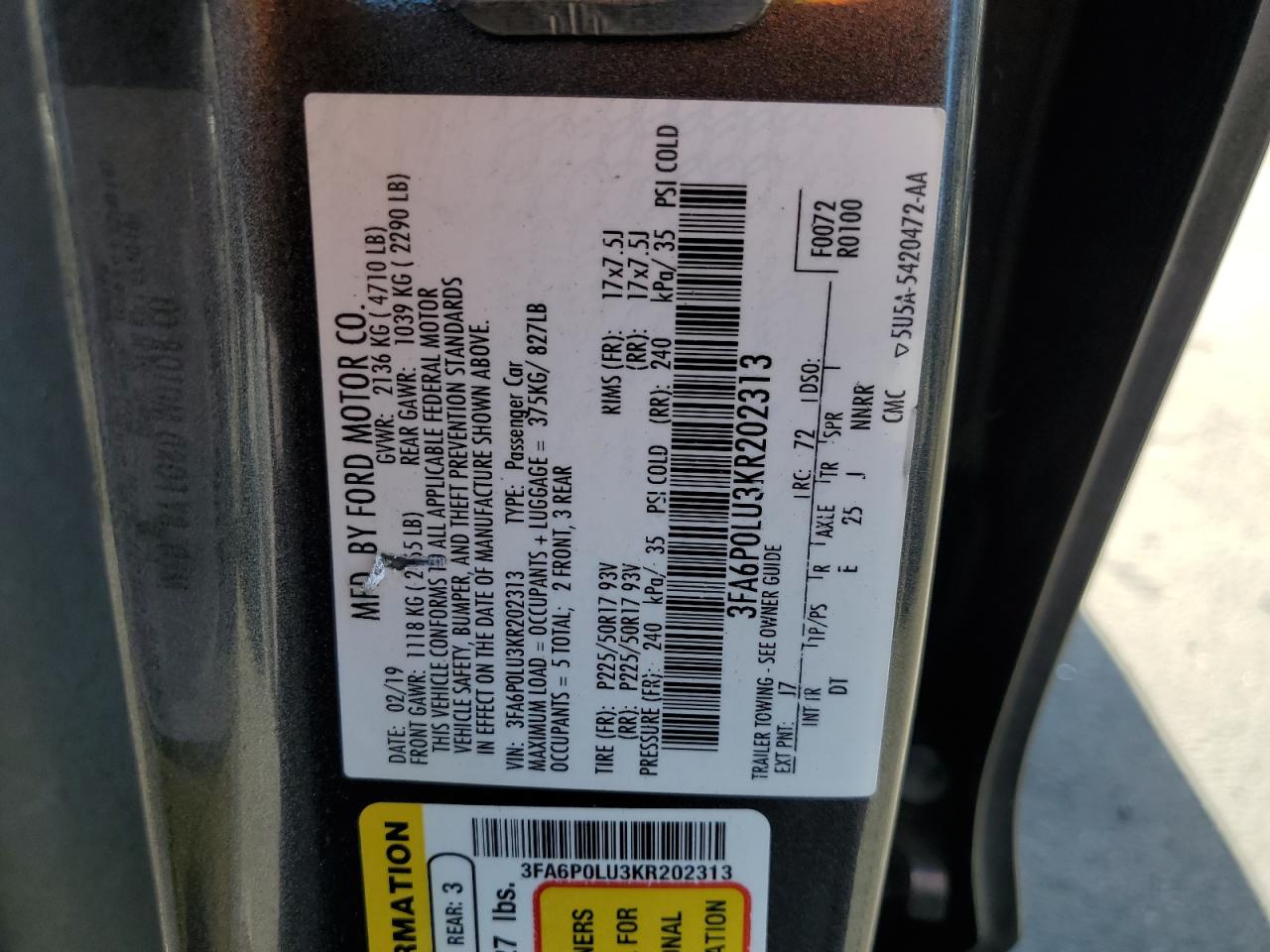 2019 Ford Fusion Se VIN: 3FA6P0LU3KR202313 Lot: 82335995