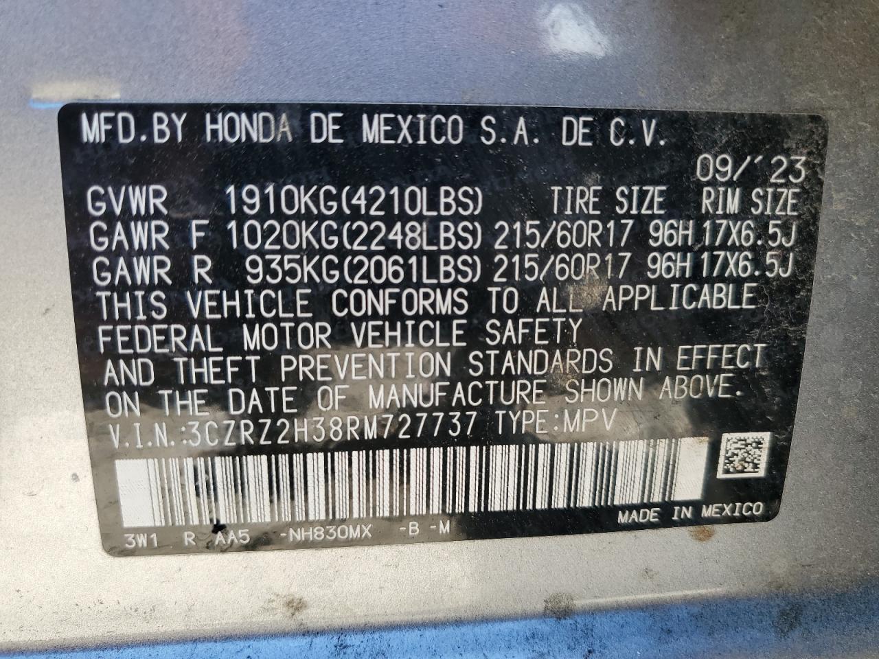 2024 Honda Hr-V Lx VIN: 3CZRZ2H38RM727737 Lot: 84951525