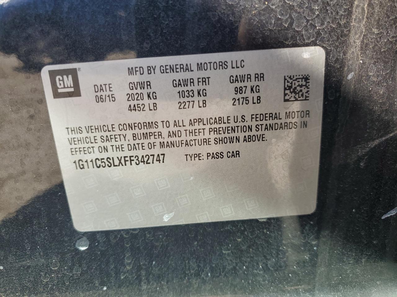 2015 Chevrolet Malibu 1Lt VIN: 1G11C5SLXFF342747 Lot: 86143135