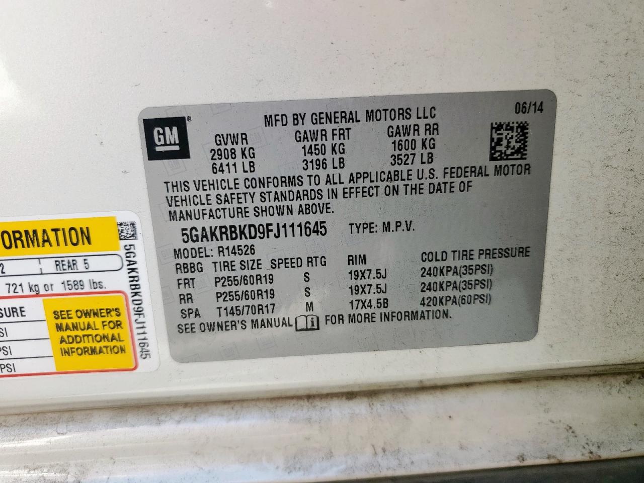 2015 Buick Enclave VIN: 5GAKRBKD9FJ111645 Lot: 85752055