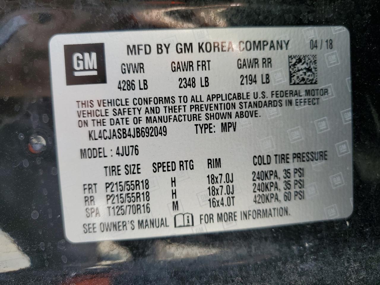 2018 Buick Encore Preferred VIN: KL4CJASB4JB692049 Lot: 82244615