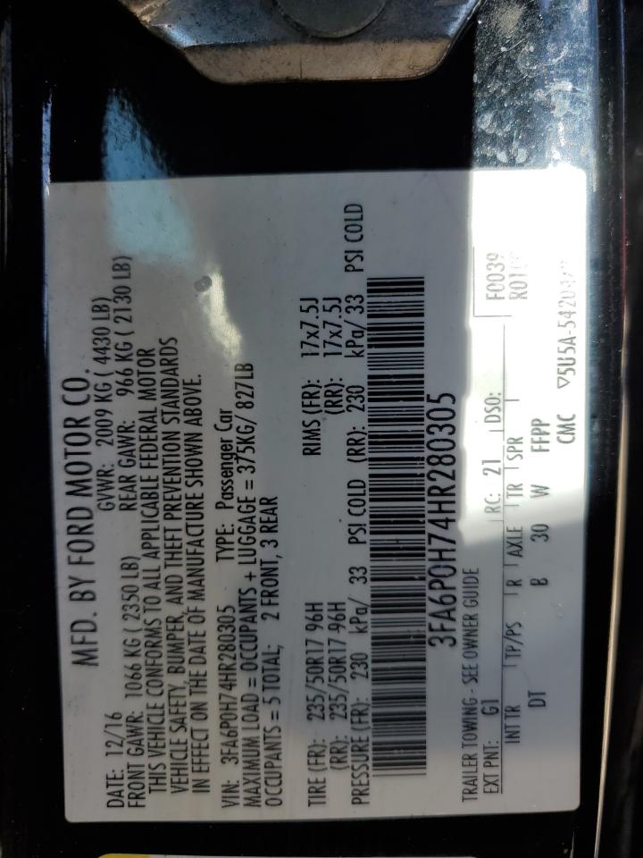 2017 Ford Fusion Se VIN: 3FA6P0H74HR280305 Lot: 86071395