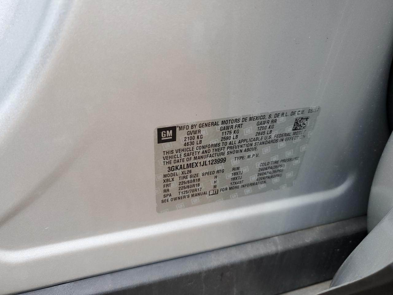 2018 GMC Terrain Sle VIN: 3GKALMEX1JL123999 Lot: 82652425