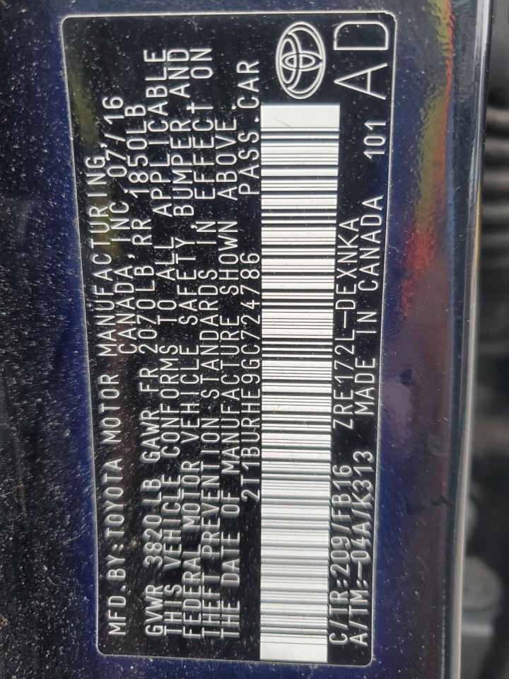2016 Toyota Corolla L VIN: 2T1BURHE9GC724786 Lot: 85839955