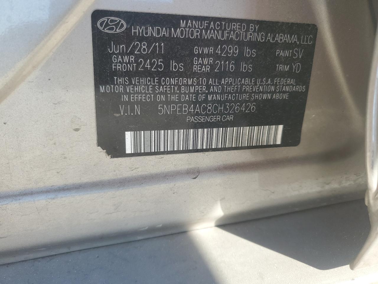 2012 Hyundai Sonata Gls VIN: 5NPEB4AC8CH326426 Lot: 86336225