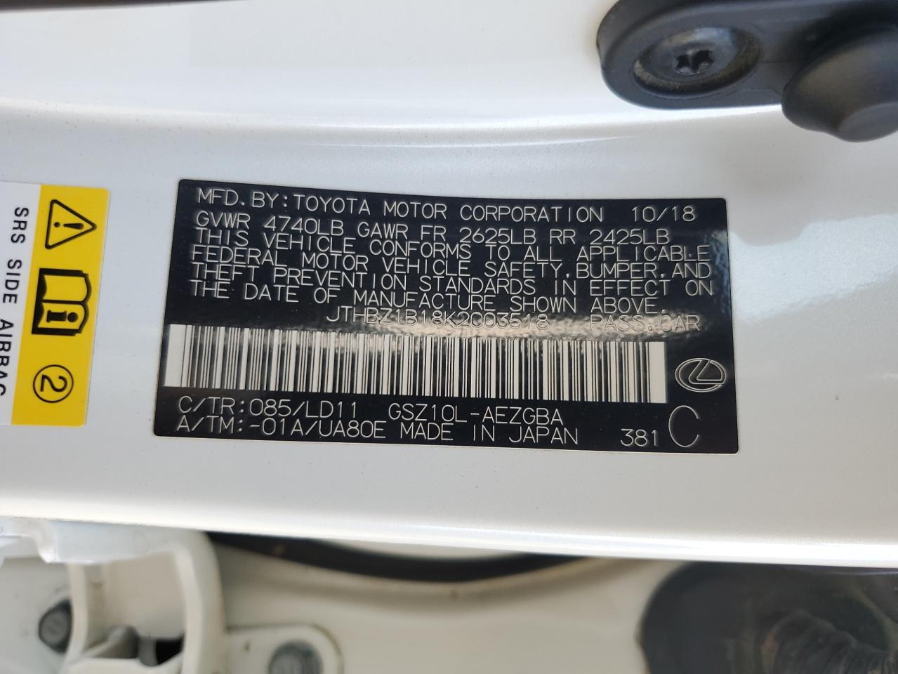 2019 Lexus Es 350 VIN: JTHBZ1B18K2003518 Lot: 82254055