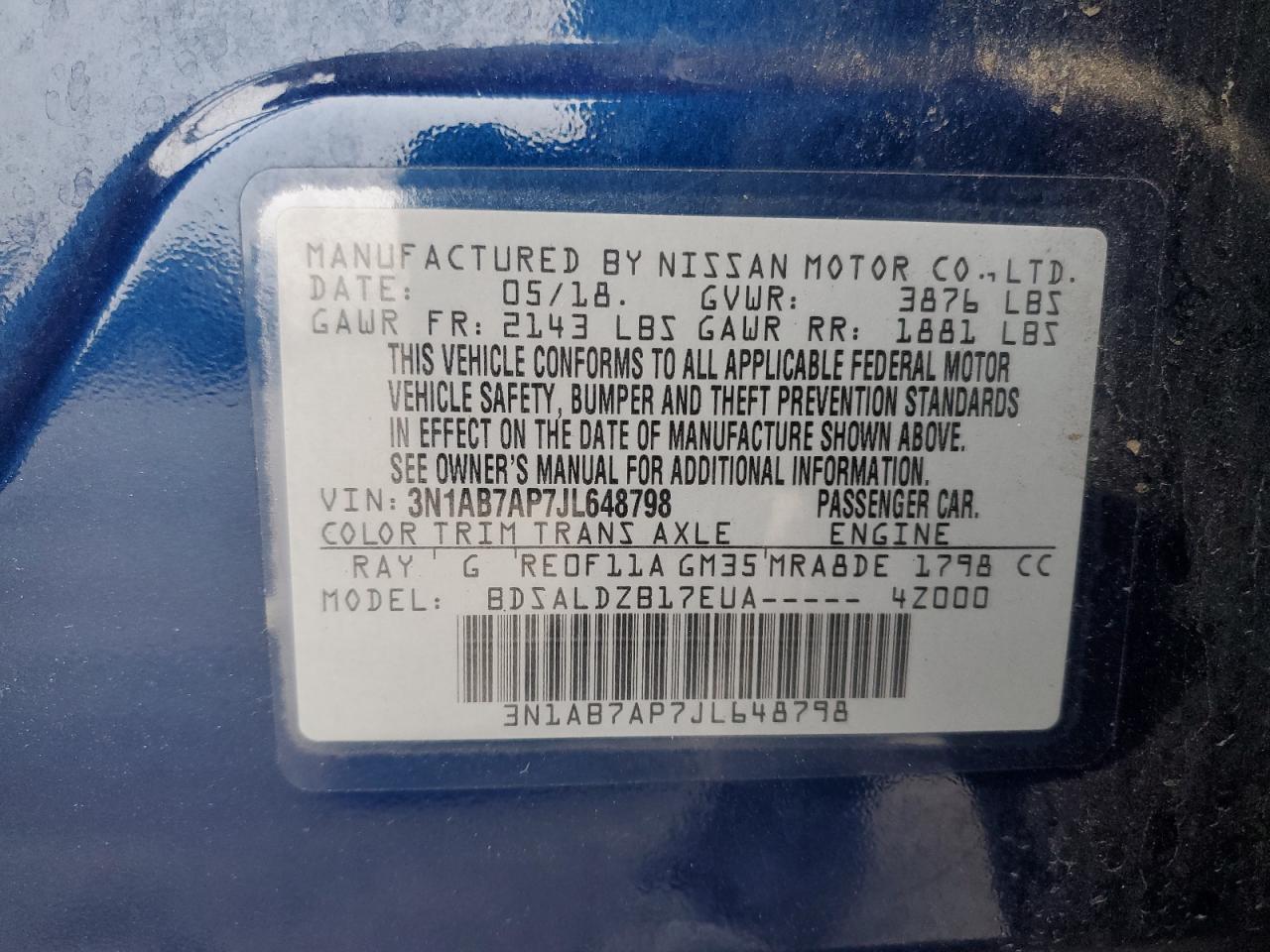 2018 Nissan Sentra S VIN: 3N1AB7AP7JL648798 Lot: 85551385