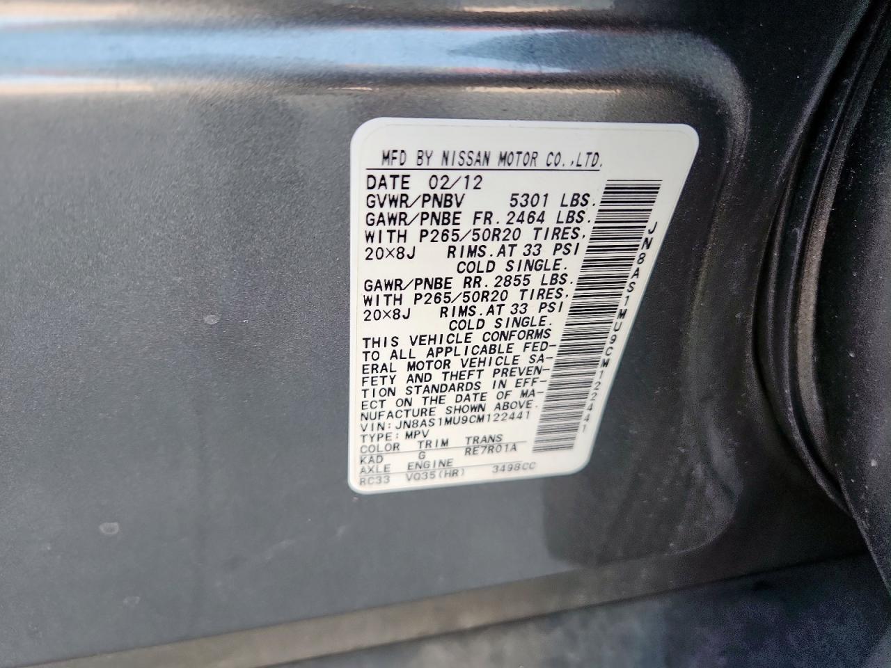 2012 Infiniti Fx35 VIN: JN8AS1MU9CM122441 Lot: 81985865