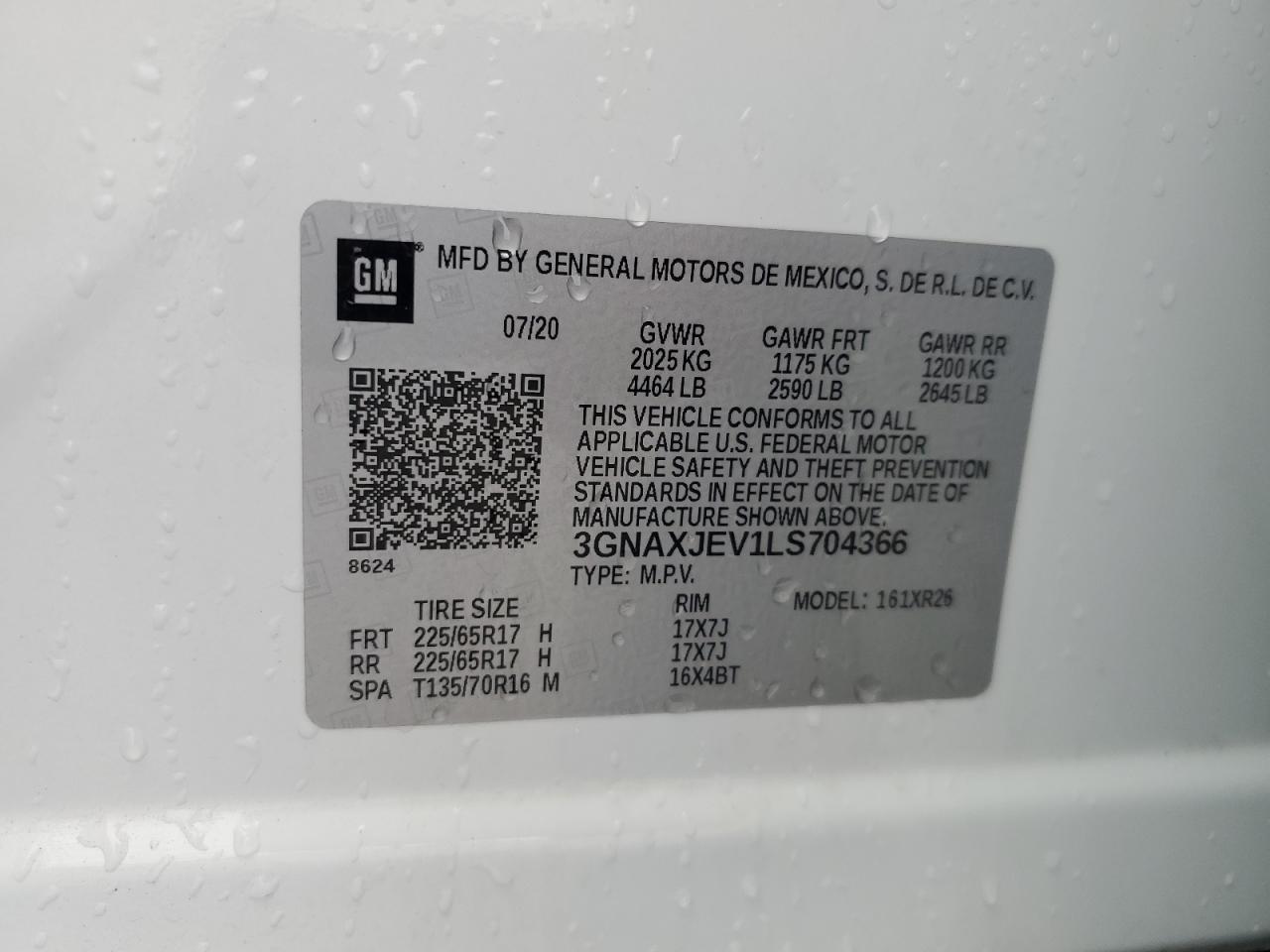 2020 Chevrolet Equinox Lt VIN: 3GNAXJEV1LS704366 Lot: 85575965