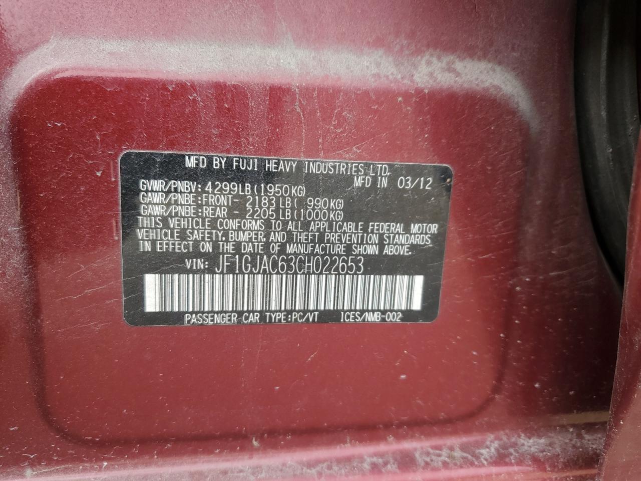 2012 Subaru Impreza Premium VIN: JF1GJAC63CH022653 Lot: 86291895