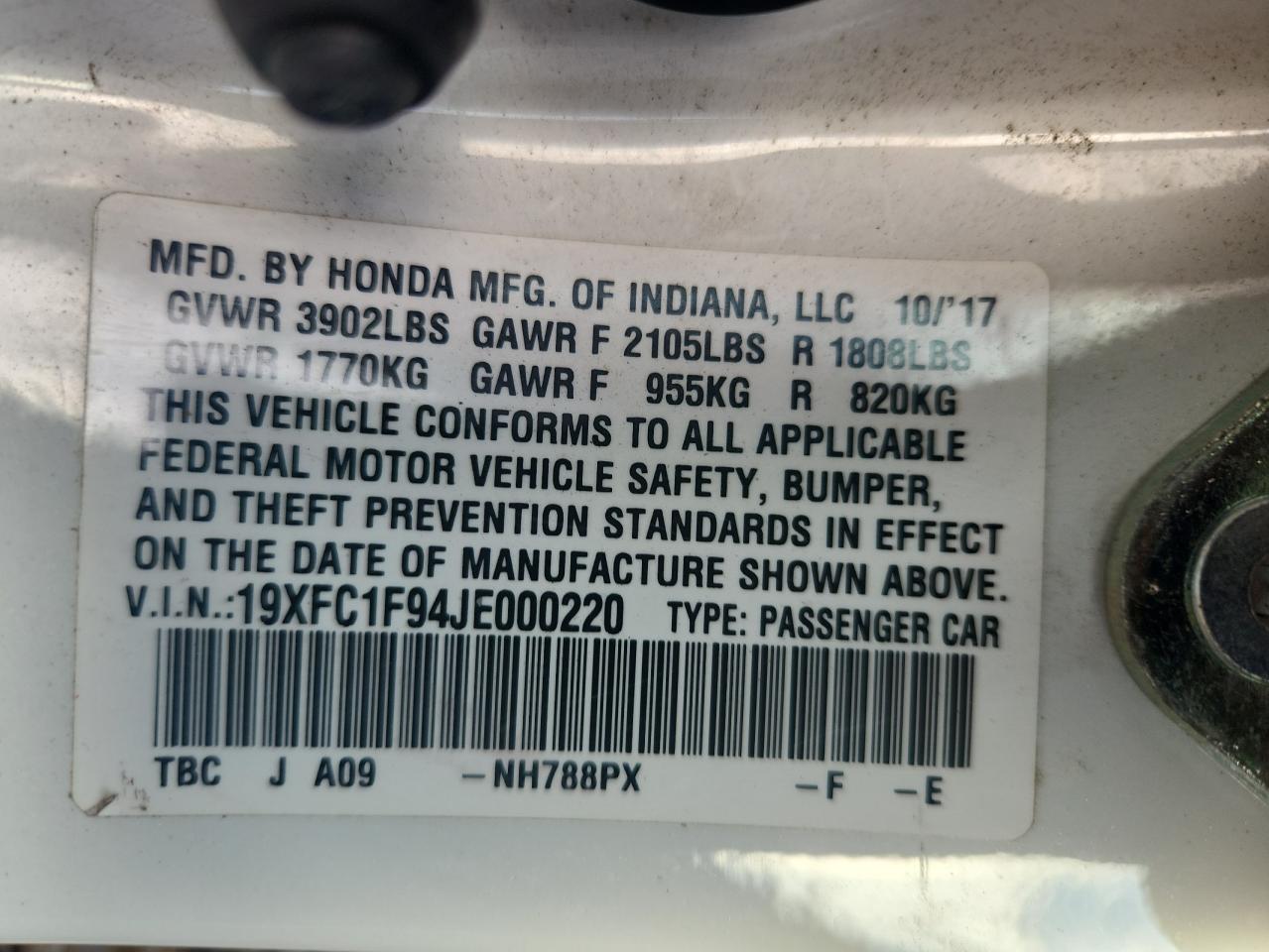 2018 Honda Civic Touring VIN: 19XFC1F94JE000220 Lot: 85710405