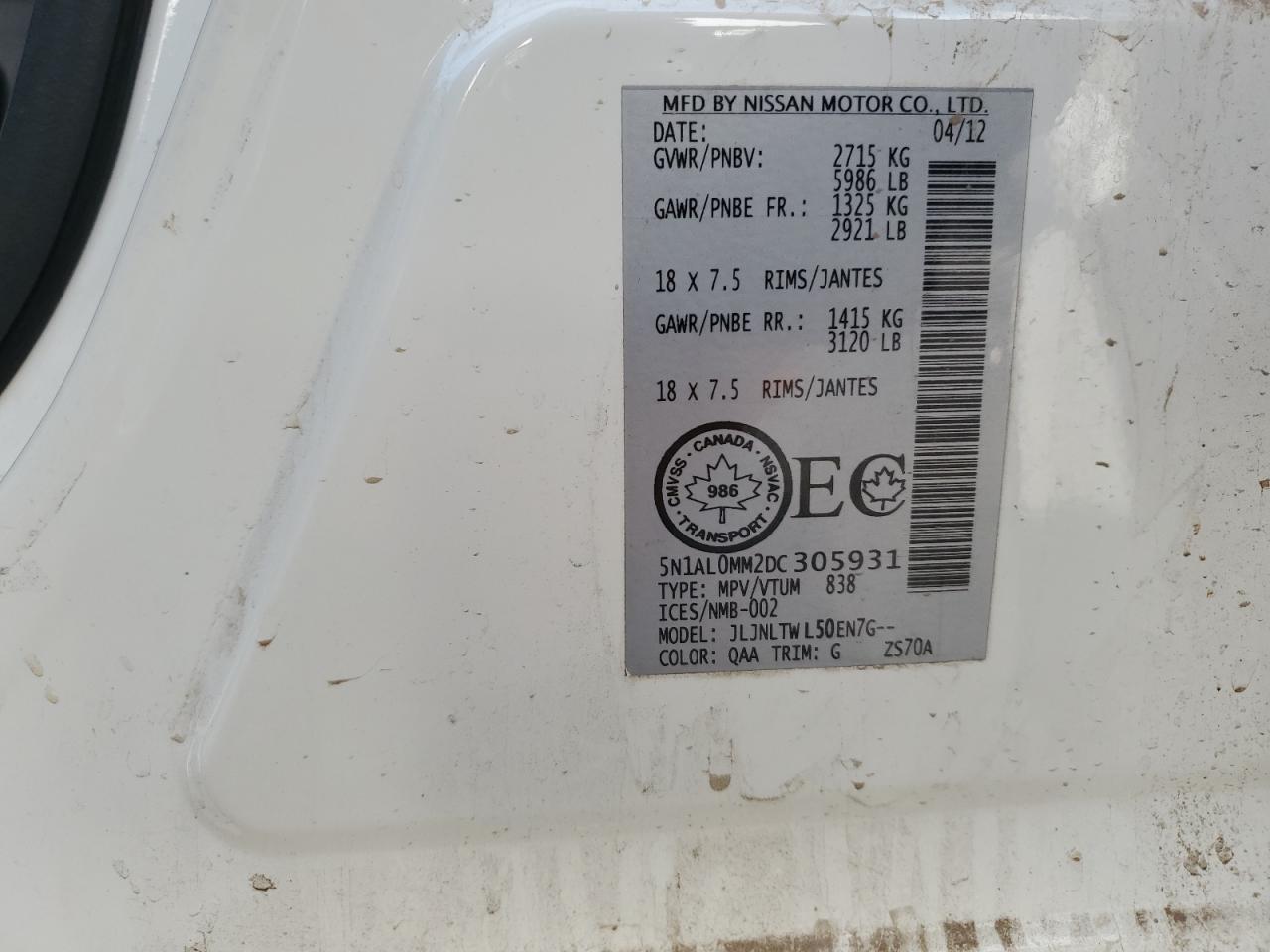 2013 Infiniti Jx35 VIN: 5N1AL0MM2DC305931 Lot: 91046995