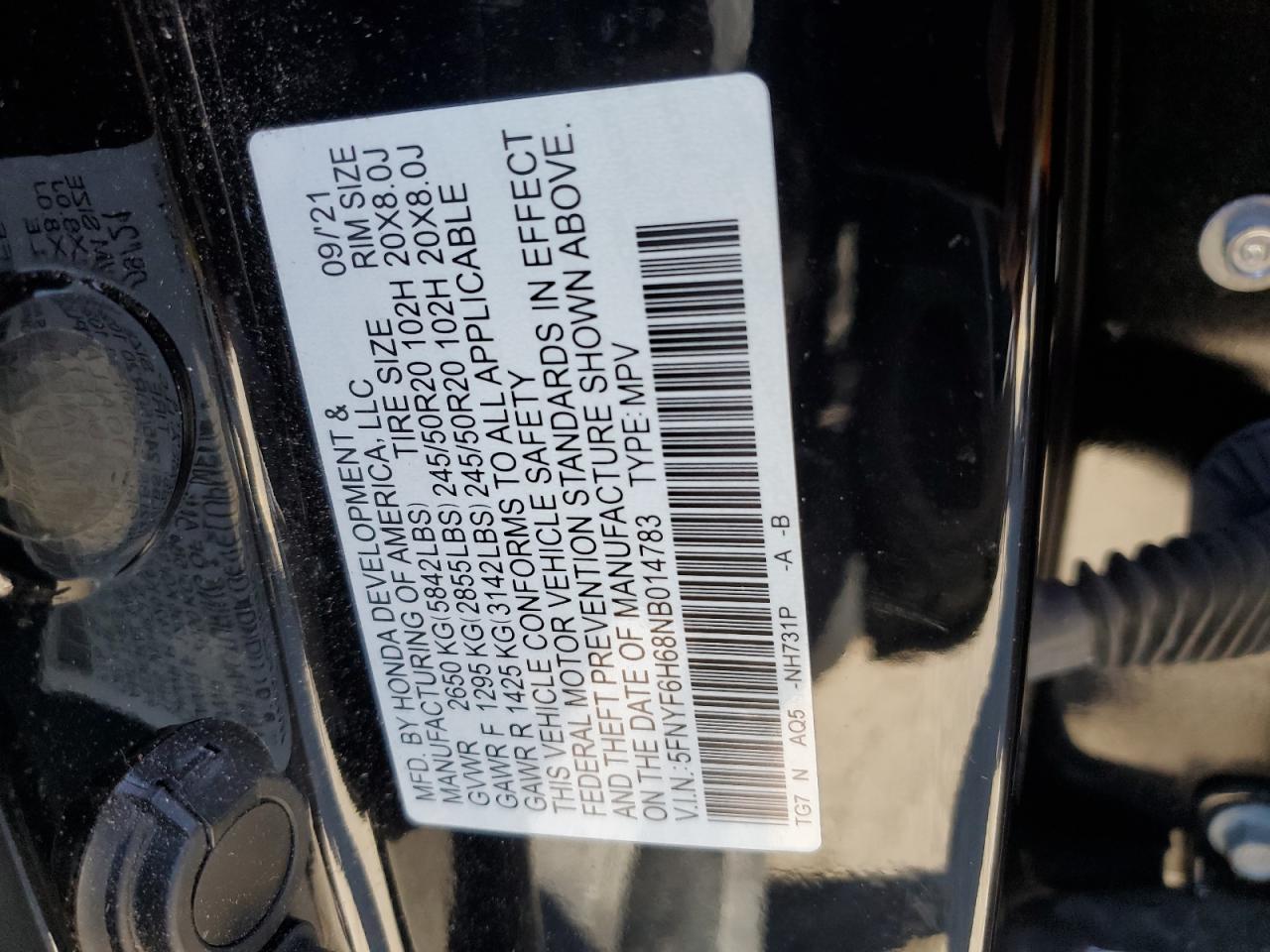 2022 Honda Pilot Touring VIN: 5FNYF6H68NB014783 Lot: 84966645
