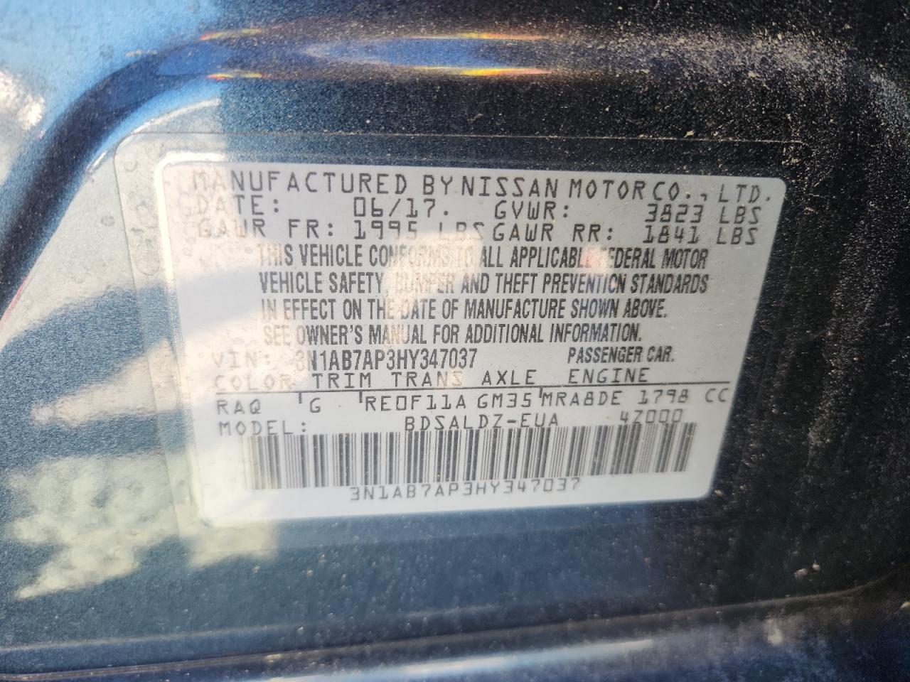 2017 Nissan Sentra S VIN: 3N1AB7AP3HY347037 Lot: 86542395