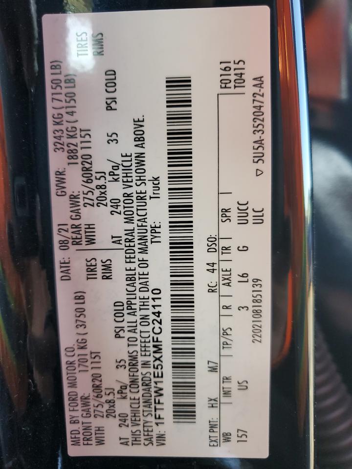 2021 Ford F150 Supercrew VIN: 1FTFW1E5XMFC24110 Lot: 89527265
