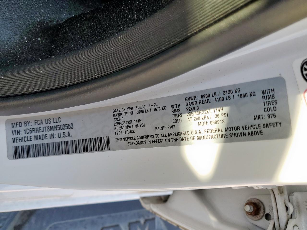 2021 Ram 1500 Laramie VIN: 1C6RREJT8MN503553 Lot: 84180415