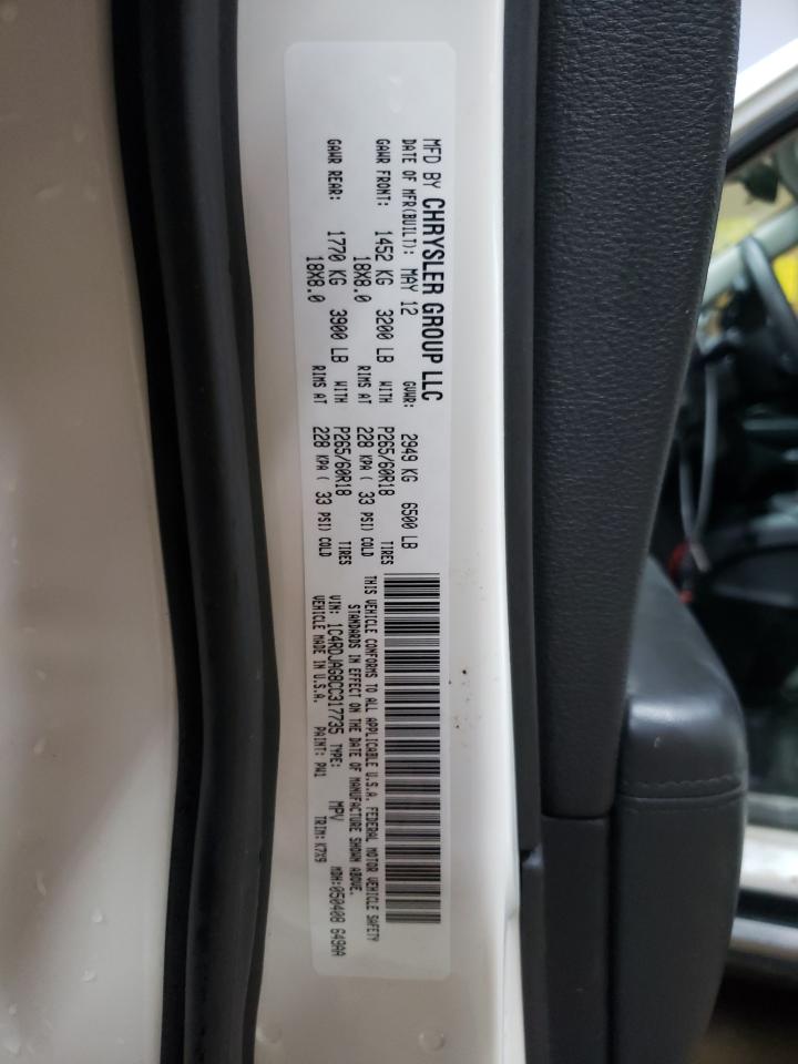 2012 Dodge Durango Sxt VIN: 1C4RDJAG8CC317735 Lot: 85739485